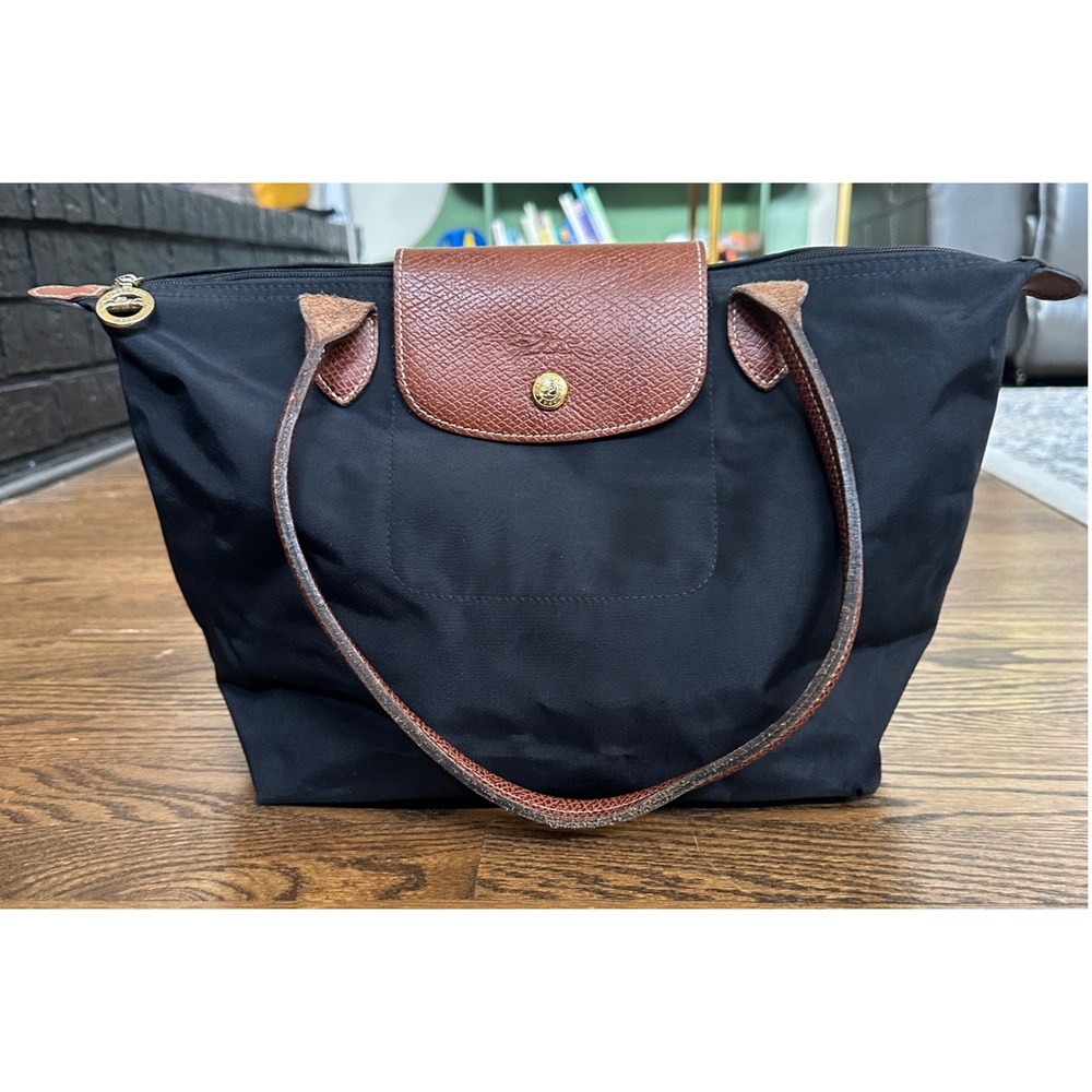 Longchamp Le Pliage Shoulder Tote Black Small Long Handle Bag Travel Nylon